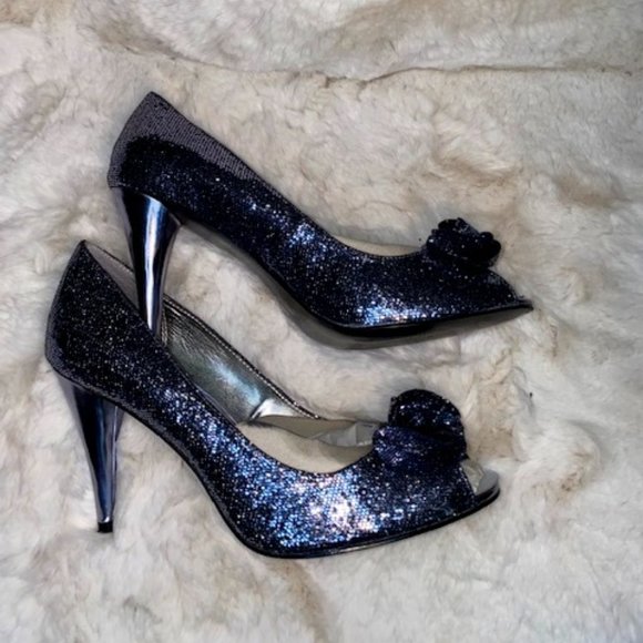 Black Sequin Peep Toe Heels - Picture 3 of 3